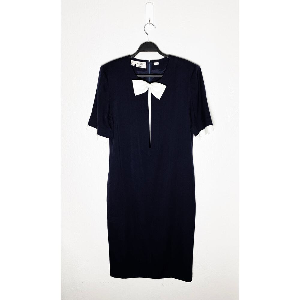 Vintage Nina Ricci Charm Women’s Navy Shift Dress White Bow Trim Classic Preppy